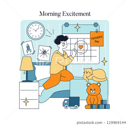 Vector illustration of a person excitedly pointing at a calendar marked for Father's Day, with a happy face. A cat, teddy bear, and toy truck add a cozy atmosphere. Vector illustration of a person excitedly pointing at a calendar marked for Father's Day, with a happy face. A cat, teddy bear, and toy truck add a cozy atmosphere. 129969144