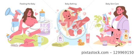 Baby care vector illustration set showing feeding, bathing, and skin care routines. Includes mother and baby in various activities. Ideal for parenting and childcare themes. Baby care vector illustration set showing feeding, bathing, and skin care routines. Includes mother and baby in various activities. Ideal for parenting and childcare themes. 129969150