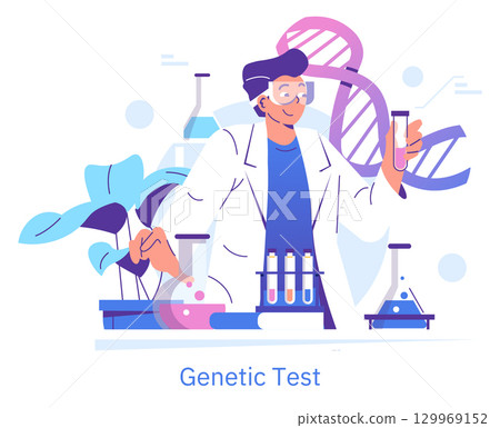 Vector illustration of a scientist holding a test tube while conducting a genetic test. DNA helix and laboratory equipment are visible in the background, suggesting a research setting. Vector illustration of a scientist holding a test tube while conducting a genetic test. DNA helix and laboratory equipment are visible in the background, suggesting a research setting. 129969152