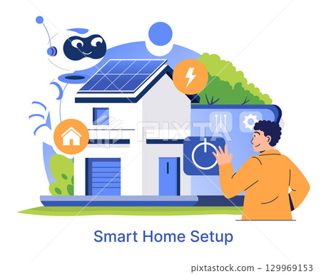 Vector illustration of a person interacting with a smart home setup, featuring solar panels and robotic technology, highlighting modern home automation and eco-friendly technology. 129969153