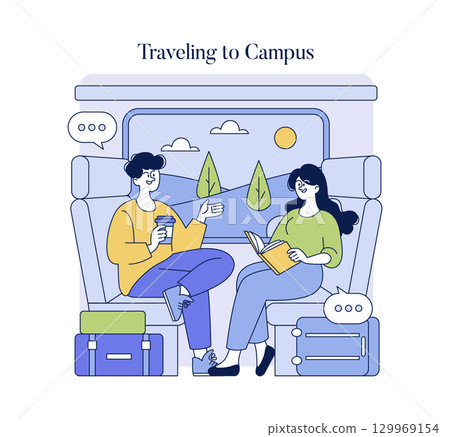 Vector illustration of two students in a train carriage traveling to campus. They are engaged in conversation, with one reading a book and the other holding a coffee cup, surrounded by luggage. Vector illustration of two students in a train carriage traveling to campus. They are engaged in conversation, with one reading a book and the other holding a coffee cup, surrounded by luggage. 129969154