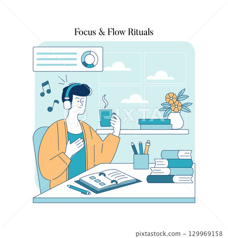 Person enjoying music with headphones while holding coffee, surrounded by books and stationery. Calm expression indicates focus and relaxation. Includes charts and a flower vase. 129969158