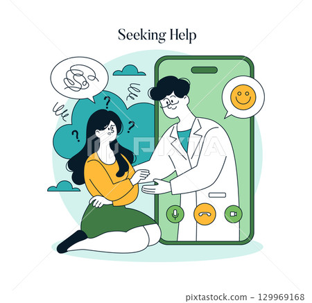 Vector illustration depicting a woman seeking help from a doctor through a mobile app, signifying telemedicine. The doctor offers assistance, with a speech bubble indicating concern and questions. 129969168