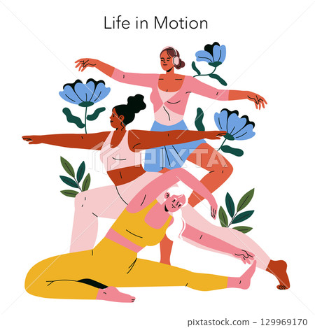 Vector illustration of three women engaged in yoga poses, highlighting strength and flexibility. The colorful composition includes floral elements, symbolizing harmony and balance. 129969170
