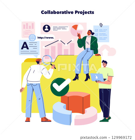 Team members engage in collaborative projects, analyzing data with charts and graphs. Vector illustration depicts teamwork and communication in a creative setting. 129969172