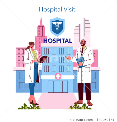 Vector illustration depicting two doctors conversing in front of a modern hospital building. They are dressed in white coats, holding a clipboard, suggesting a professional medical setting. Vector illustration depicting two doctors conversing in front of a modern hospital building. They are dressed in white coats, holding a clipboard, suggesting a professional medical setting. 129969174