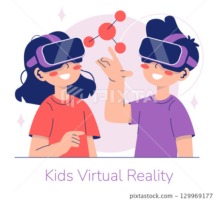 Vector illustration of two kids using virtual reality headsets, interacting with a digital 3D model. They are smiling and engaged in a fun, interactive learning experience. 129969177