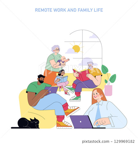 Vector illustration depicting a family balancing remote work and family life. Diverse group engages with electronic devices, reading, and childcare, showcasing a modern home setting. Vector illustration depicting a family balancing remote work and family life. Diverse group engages with electronic devices, reading, and childcare, showcasing a modern home setting. 129969182