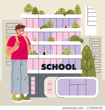 Vector illustration of a smiling student with a backpack standing in front of a modern school building. The design features multiple floors with greenery surrounding the structure. Vector illustration of a smiling student with a backpack standing in front of a modern school building. The design features multiple floors with greenery surrounding the structure. 129969189