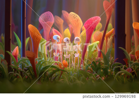 Carnivorous plants and a funny skeleton (animated style) 129969198