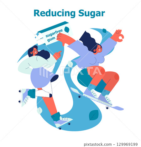 Vector illustration of two joyful women roller skating and skateboarding while promoting sugar-free gum. Vibrant colors and energetic movement emphasize a healthy lifestyle. 129969199