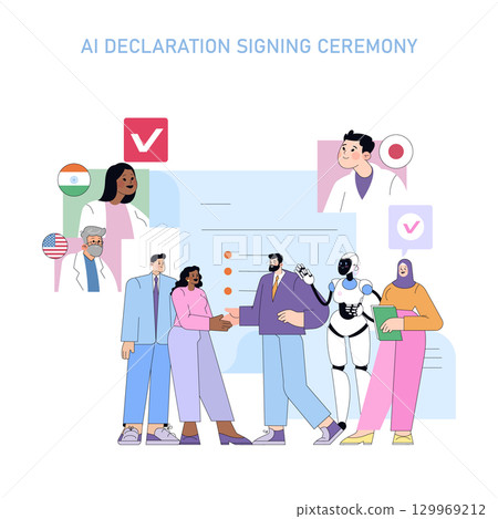 Vector illustration of a diverse group at an AI declaration signing ceremony, featuring individuals and a robot shaking hands, symbolizing collaboration and technological advancement. Vector illustration of a diverse group at an AI declaration signing ceremony, featuring individuals and a robot shaking hands, symbolizing collaboration and technological advancement. 129969212