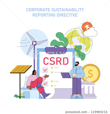 Vector illustration showcasing discussions on the Corporate Sustainability Reporting Directive (CSRD) with renewable energy elements like wind turbines and solar panels, emphasizing environmental 129969218