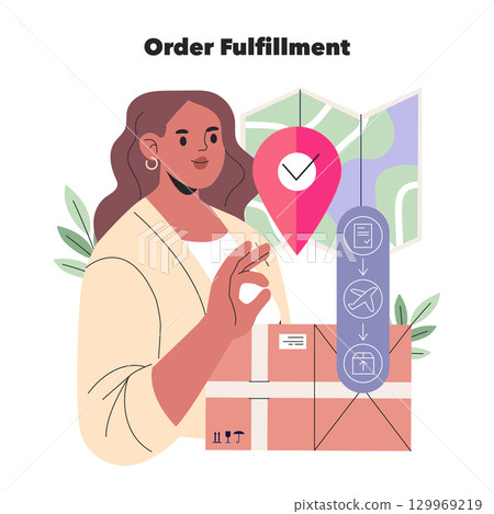 Vector illustration of a woman engaged in order fulfillment process with a package. The image includes symbols of shipping and tracking on a background map. 129969219