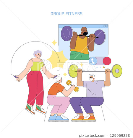 Vector illustration depicting a lively virtual group fitness session. Participants engage in various exercises like weightlifting and jump rope. Emphasizing healthy lifestyle and diverse workouts. 129969228