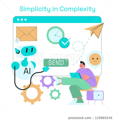 Vector illustration shows a person interacting with an AI robot in a digital interface. Symbols like gears, emails, and paper airplanes highlight connectivity and communication. Vector illustration shows a person interacting with an AI robot in a digital interface. Symbols like gears, emails, and paper airplanes highlight connectivity and communication. 129969248