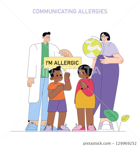 Children communicating allergies with adults in a vector illustration. One child holds a sign expressing an allergy while surrounded by attentive adults, highlighting health awareness. 129969252
