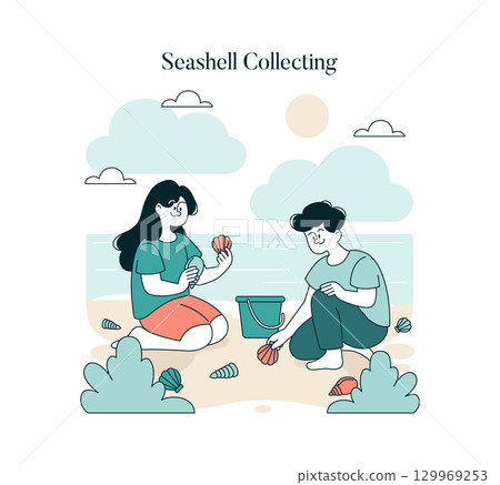 Vector illustration of children sitting on the beach, joyfully collecting seashells. The children are engaged and happy as they gather shells into a bucket, surrounded by the sea and sky. 129969253