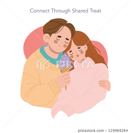 Vector illustration of a couple sharing ice cream, showcasing affection and warmth. The image captures a tender moment between two individuals enjoying time together, wrapped in cozy attire. Vector illustration of a couple sharing ice cream, showcasing affection and warmth. The image captures a tender moment between two individuals enjoying time together, wrapped in cozy attire. 129969264