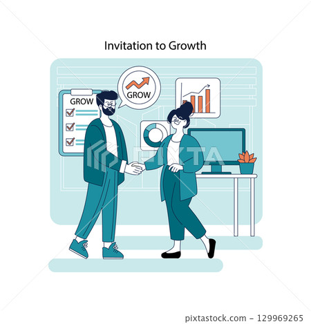 Vector illustration of two business professionals shaking hands, symbolizing an invitation to growth and partnership. Includes charts, graphs, and digital workspace elements. Vector illustration of two business professionals shaking hands, symbolizing an invitation to growth and partnership. Includes charts, graphs, and digital workspace elements. 129969265