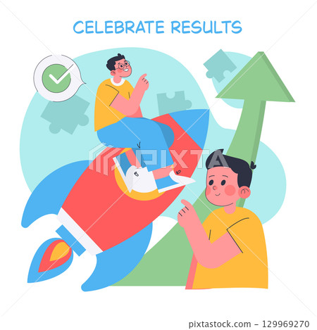 Vector illustration depicting a joyful celebration of success. One person gleefully rides a rocket while another looks on, highlighting teamwork and achievement. The mood is optimistic and Vector illustration depicting a joyful celebration of success. One person gleefully rides a rocket while another looks on, highlighting teamwork and achievement. The mood is optimistic and 129969270