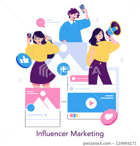 Influencer marketing concept showcasing three individuals engaging with smart devices and social media symbols. Vector illustration highlighting digital content creation and connectivity. 129969271