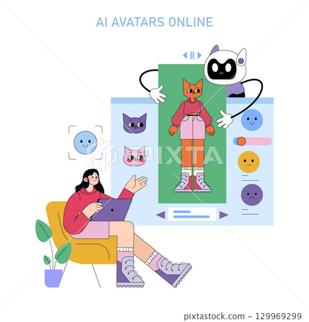 Vector illustration of a person designing AI avatars online, using a laptop. Features playful and colorful artificial characters on a screen, showcasing emotion selection. Vector illustration of a person designing AI avatars online, using a laptop. Features playful and colorful artificial characters on a screen, showcasing emotion selection. 129969299