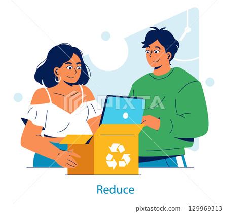 Vector illustration depicting two people engaged in recycling activities. The pair works together with a cardboard box featuring a recycling symbol, emphasizing resource reduction. 129969313