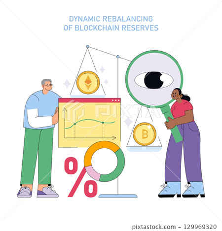 Vector illustration of two individuals discussing blockchain reserves with symbols of Ethereum and Bitcoin on scales. Focus on data analysis and cryptocurrency balance. Vector illustration of two individuals discussing blockchain reserves with symbols of Ethereum and Bitcoin on scales. Focus on data analysis and cryptocurrency balance. 129969320