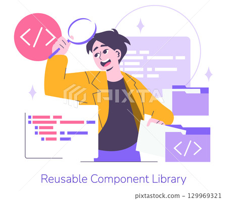 Vector illustration of a developer with a magnifying glass examining reusable component library code. Includes code elements and folders, reflecting attention to detail and curiosity. Vector illustration of a developer with a magnifying glass examining reusable component library code. Includes code elements and folders, reflecting attention to detail and curiosity. 129969321