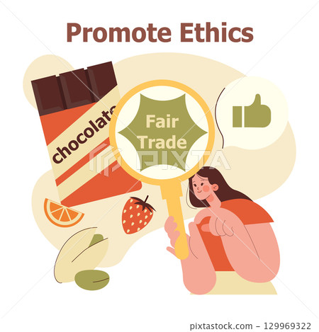 Vector illustration depicting a person promoting fair trade ethics with chocolate. Includes a magnifying glass highlighting fair trade, chocolate bar, fruits, and a thumbs up symbol. 129969322