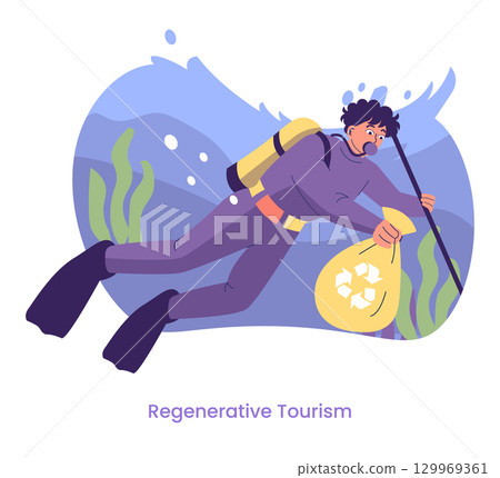 Diver engaging in regenerative tourism by collecting ocean waste in a recyclable bag, emphasizing conservation efforts. Vector illustration highlights environmental stewardship. Diver engaging in regenerative tourism by collecting ocean waste in a recyclable bag, emphasizing conservation efforts. Vector illustration highlights environmental stewardship. 129969361