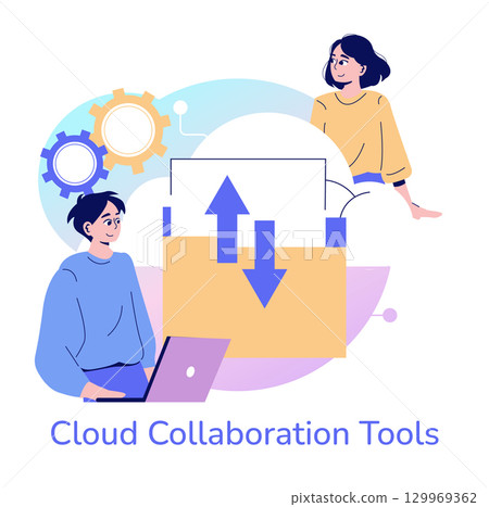 Two smiling individuals interact with cloud collaboration tools, symbolized by digital uploads and downloads. This vector illustration emphasizes teamwork and innovative technology. 129969362