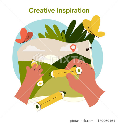 Vector illustration of hands drawing with pencils on a nature-themed sketchbook. Butterflies and leaves surround the scene, emphasizing creativity and inspiration from nature. 129969364