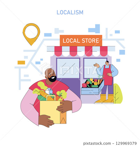 Vector illustration of a smiling man holding a grocery bag filled with fresh produce, standing in front of a local store. Another person gestures towards a display of fruits. Vector illustration of a smiling man holding a grocery bag filled with fresh produce, standing in front of a local store. Another person gestures towards a display of fruits. 129969379