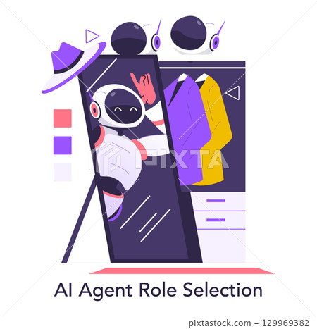 Vector illustration of an AI robot in front of a mirror playfully selecting its outfit. The robot's joyful expression highlights the blend of technology and fashion in a futuristic setting. Vector illustration of an AI robot in front of a mirror playfully selecting its outfit. The robot's joyful expression highlights the blend of technology and fashion in a futuristic setting. 129969382