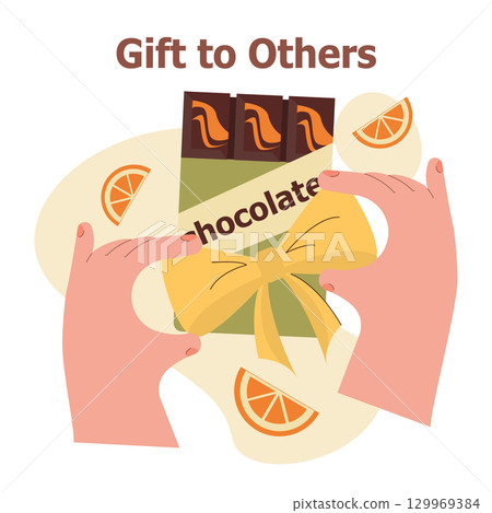 Vector illustration of a gift box with chocolate bars and a yellow bow, ready to be given. Hands reaching out, symbolizing giving and sharing. Includes orange slices decoration. 129969384