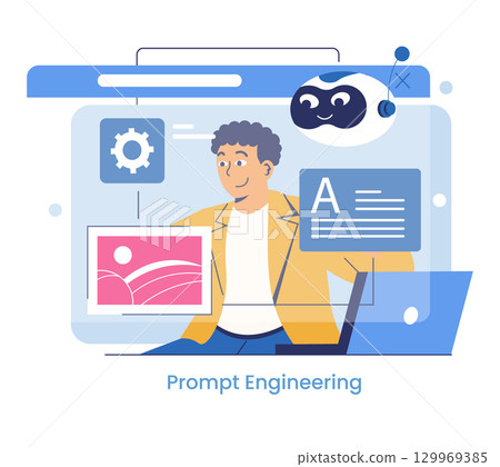 Vector illustration of a person using a laptop in a digital space with an AI robot. The person appears engaged in work related to prompt engineering and technology interaction. Vector illustration of a person using a laptop in a digital space with an AI robot. The person appears engaged in work related to prompt engineering and technology interaction. 129969385
