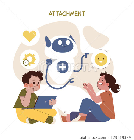 Vector illustration of a friendly robot engaging with two joyful kids, showing emotions of curiosity and happiness. The boy is holding a tablet, adding a digital learning element. Vector illustration of a friendly robot engaging with two joyful kids, showing emotions of curiosity and happiness. The boy is holding a tablet, adding a digital learning element. 129969389