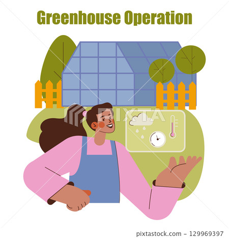 Horticulture concept. Greenhouse operation featuring a gardener managing plant growth in a climate-controlled environment using weather, humidity, and temperature monitoring tools. Vector illustration 129969397