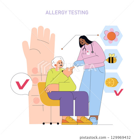 Vector illustration showing a patient undergoing an allergy test. A healthcare professional performs the test, examining reactions to different allergens, highlighting healthcare interaction. Vector illustration showing a patient undergoing an allergy test. A healthcare professional performs the test, examining reactions to different allergens, highlighting healthcare interaction. 129969432