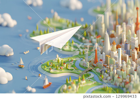 Paper airplane and cityscape (anime style) Paper airplane and cityscape (anime style) 129969433