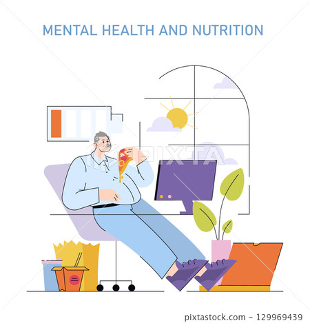 Illustration of a relaxed man enjoying pizza at his desk in a casual office setting. The image captures themes of mental health, nutrition, and workplace habits, highlighted by the man's content 129969439
