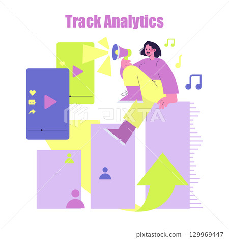 Vector illustration featuring a person with a megaphone analyzing data on charts and social media icons. The image emphasizes analytics, digital media, and trend tracking in a colorful style. 129969447