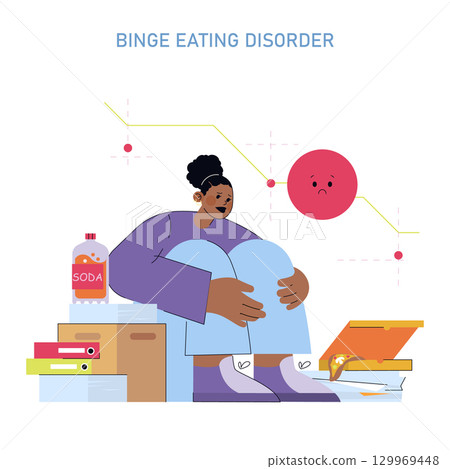 Vector illustration depicting a person sitting with a sad expression, surrounded by food and files, symbolizing binge eating disorder. Emotional aspects conveyed through facial expressions. 129969448