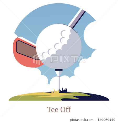 Vector illustration featuring a golf ball positioned on a tee with a club poised to strike. A dynamic composition perfect for golf-themed designs or sports-related content. 129969449