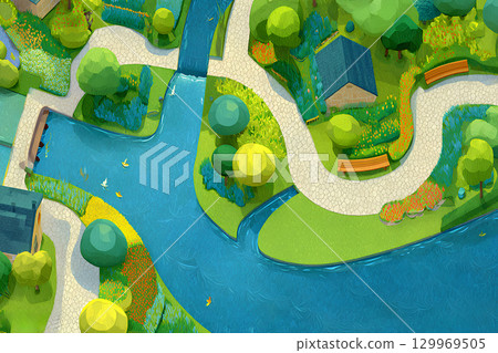 創造與大自然共存的河畔小鎮（動畫風格） 129969505