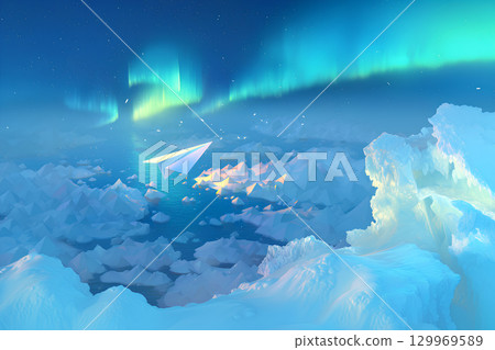 流冰、極光和紙飛機（動畫風格） 129969589