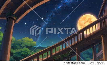 Game background: A full moon shining in the night sky and a view from inside a room under the stars 129969593