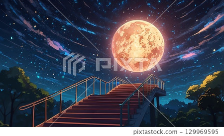 遊戲背景：夜空中閃耀的滿月與星空下的觀景台 129969595